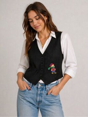 Vintage Warner Bros Looney Tunes Elmer Fudd Vest Black Embroidered Y2K